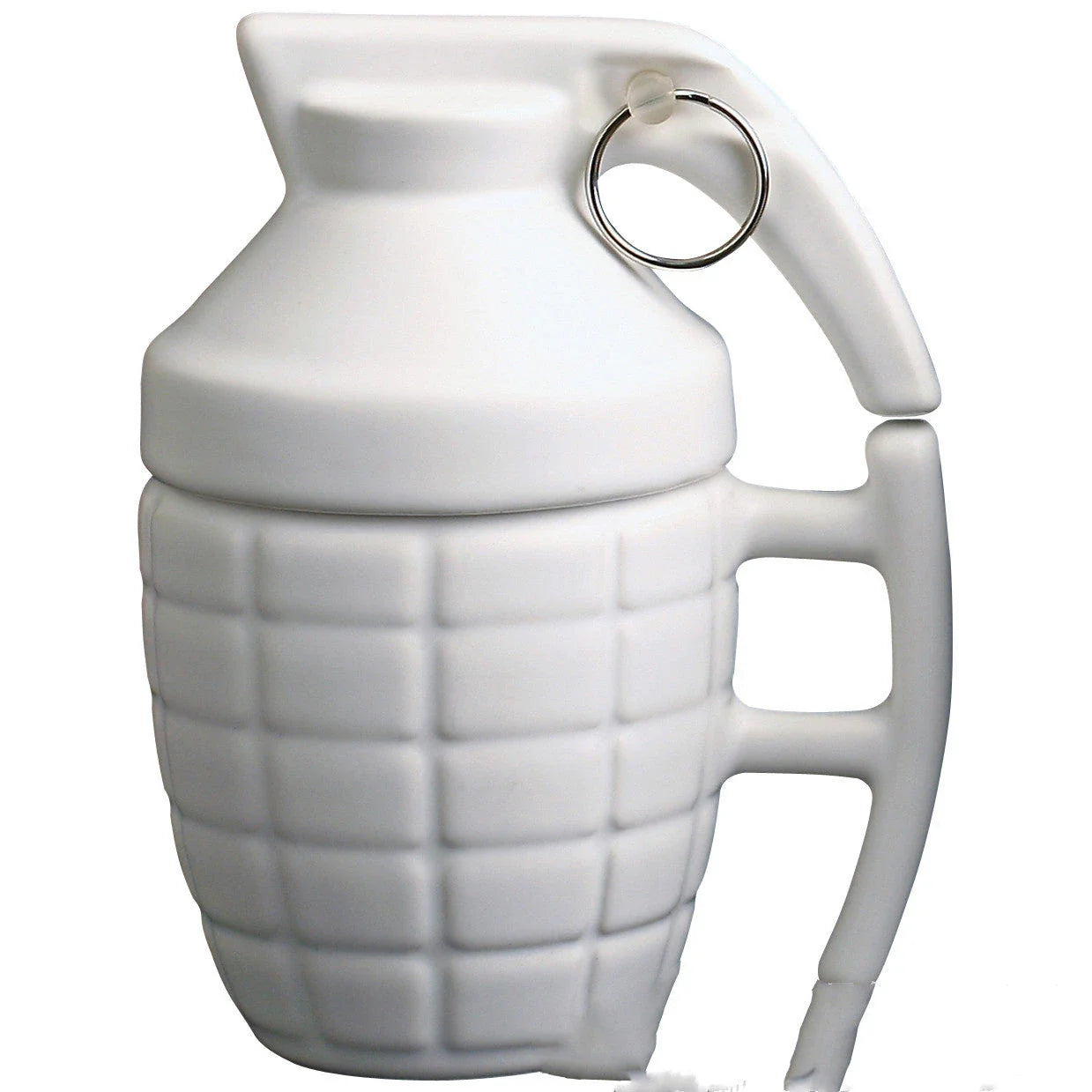 A grenade-shaped ceramic coffee mug with a lid, featuring a military-inspired design for a unique and tactical look.