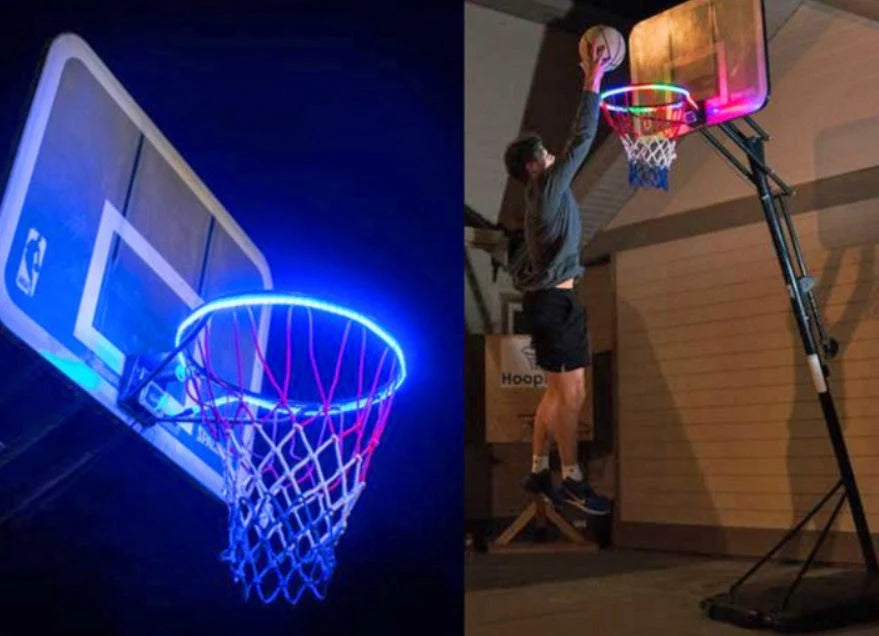 Induction Color Changing Basketball Frame Light attached to a basketball rim, illuminating at night