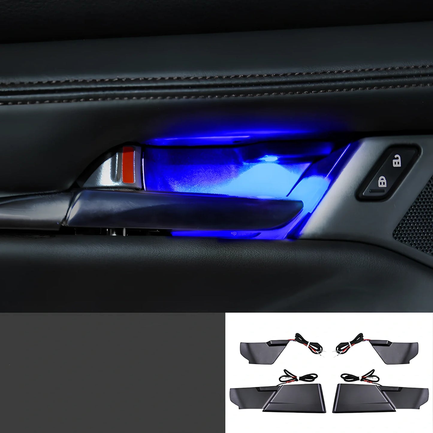 Angkesaila ABS door bowl LED light kit in blue, red, white options with exploded view for car modification