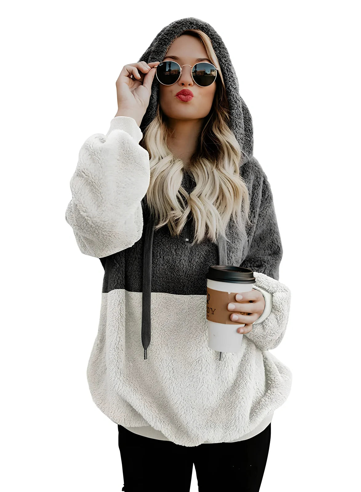 Women's casual plush hooded sweatshirt in dark grey with zipper, drawstring hood, and patchwork stitching, loose fit for autumn winter