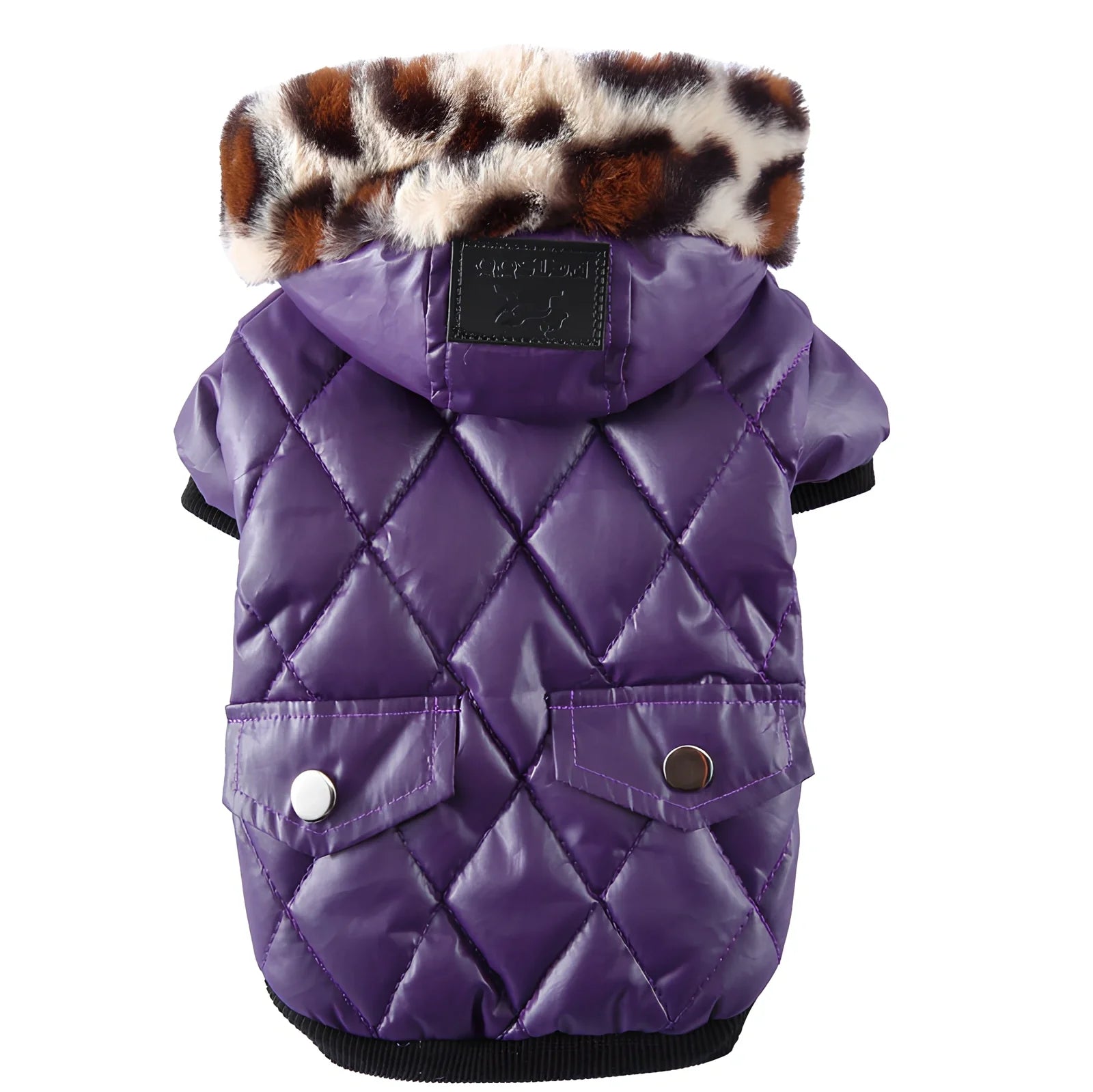 Black fur collar dog coat in M size, hooded with buttons, polyester fleece for winter warmth, 28cm back length