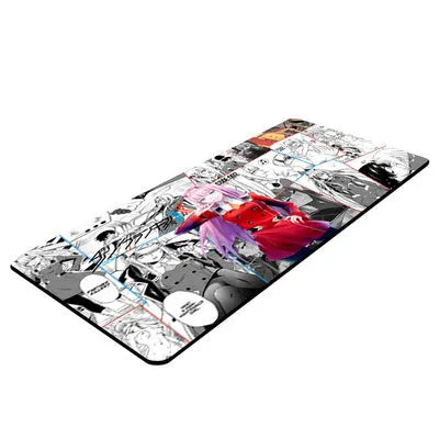 Pink Darling anime cloth keyboard mat on a desk with a mouse and keyboard