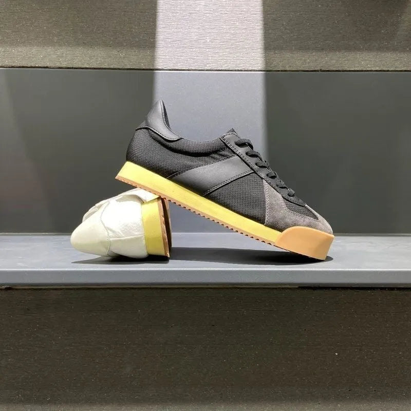 Men's summer sports shoes in genuine cow suede leather with mesh panels and herringbone toe design