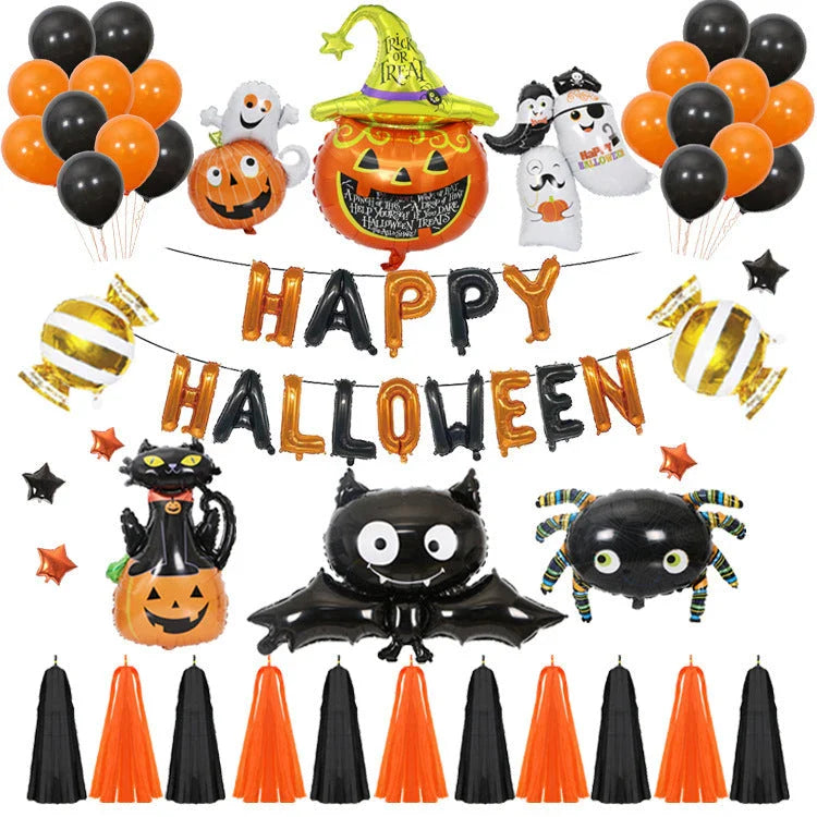 Helium-filled Halloween pumpkin balloons in various vibrant styles, perfect for decorating parties and homes