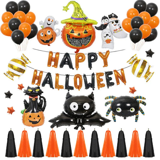 Helium-filled Halloween pumpkin balloons in various vibrant styles, perfect for decorating parties and homes