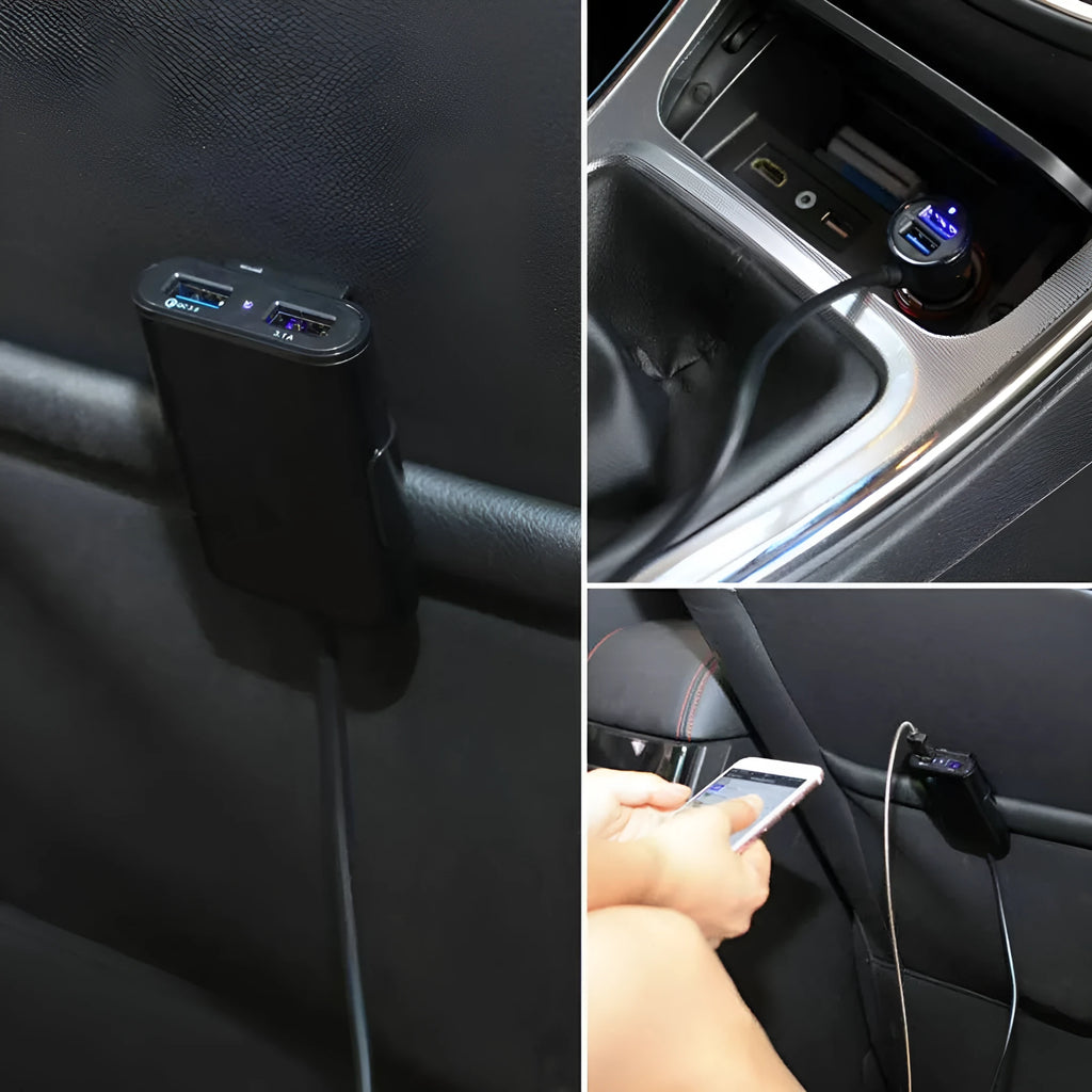 Black 36W fast charge car charger with QC3.0 and dual USB-A ports, blue LED light indicator
