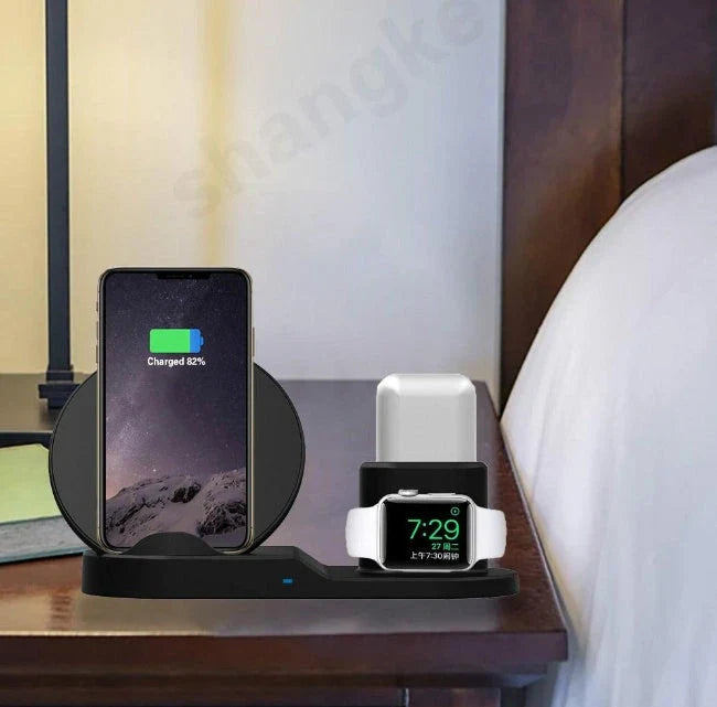 Premium 3-in-1 wireless charging station for Apple devices, including iPhone, AirPods, and Apple Watch, with fast-charging capabilities, safety features, and comprehensive compatibility.