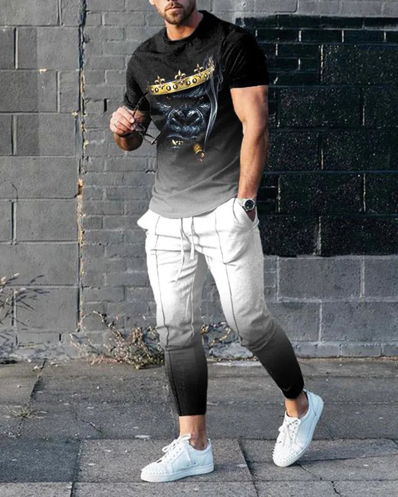 Men's short-sleeved round neck pullover and matching trousers sportswear set in a thin polyester fabric