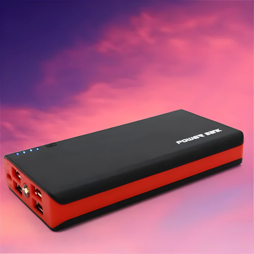 A 20000mAh portable power bank in multiple colours, showing its compact size and fast-charging ports.