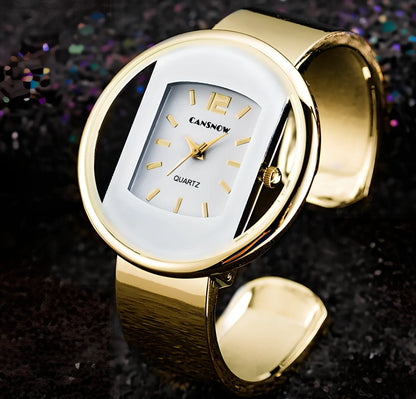 Women's gold black quartz cuff watch with 40mm dial, adjustable steel band 18mm wide, precise movement and water resistant