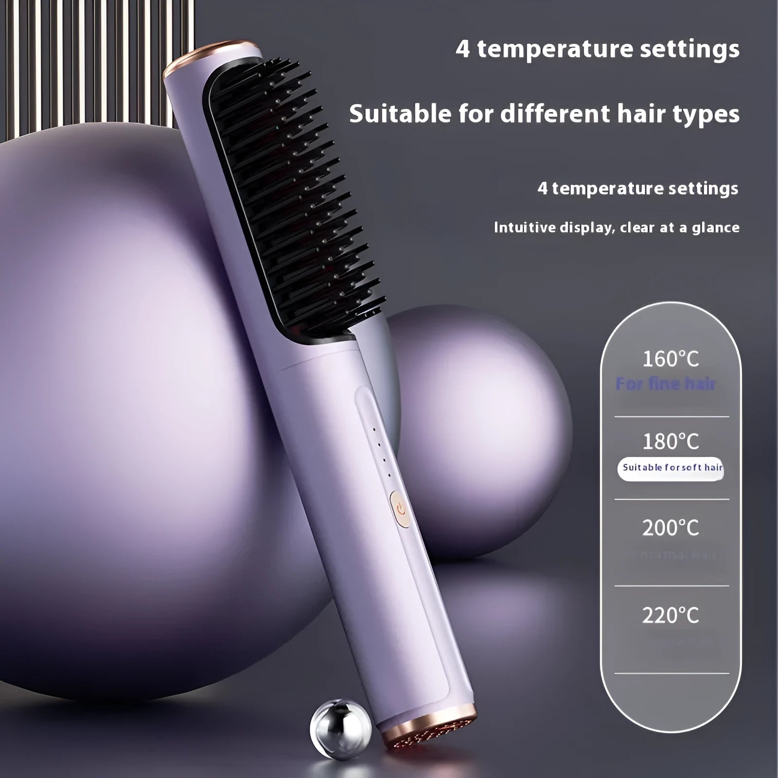 Wireless straight comb with anion technology in rose gold colour for portable hair styling