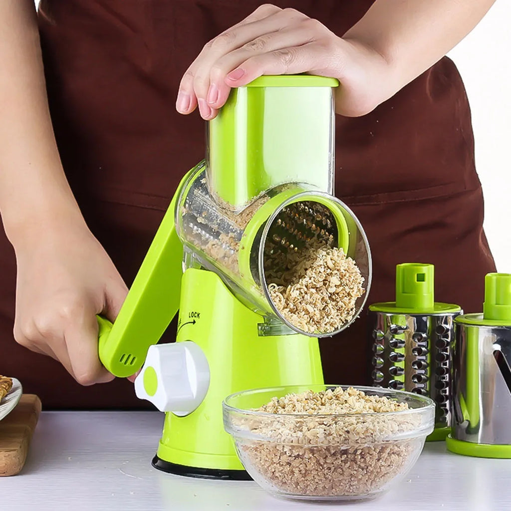 Round mandoline vegetable slicer with three stainless steel blades and suction base