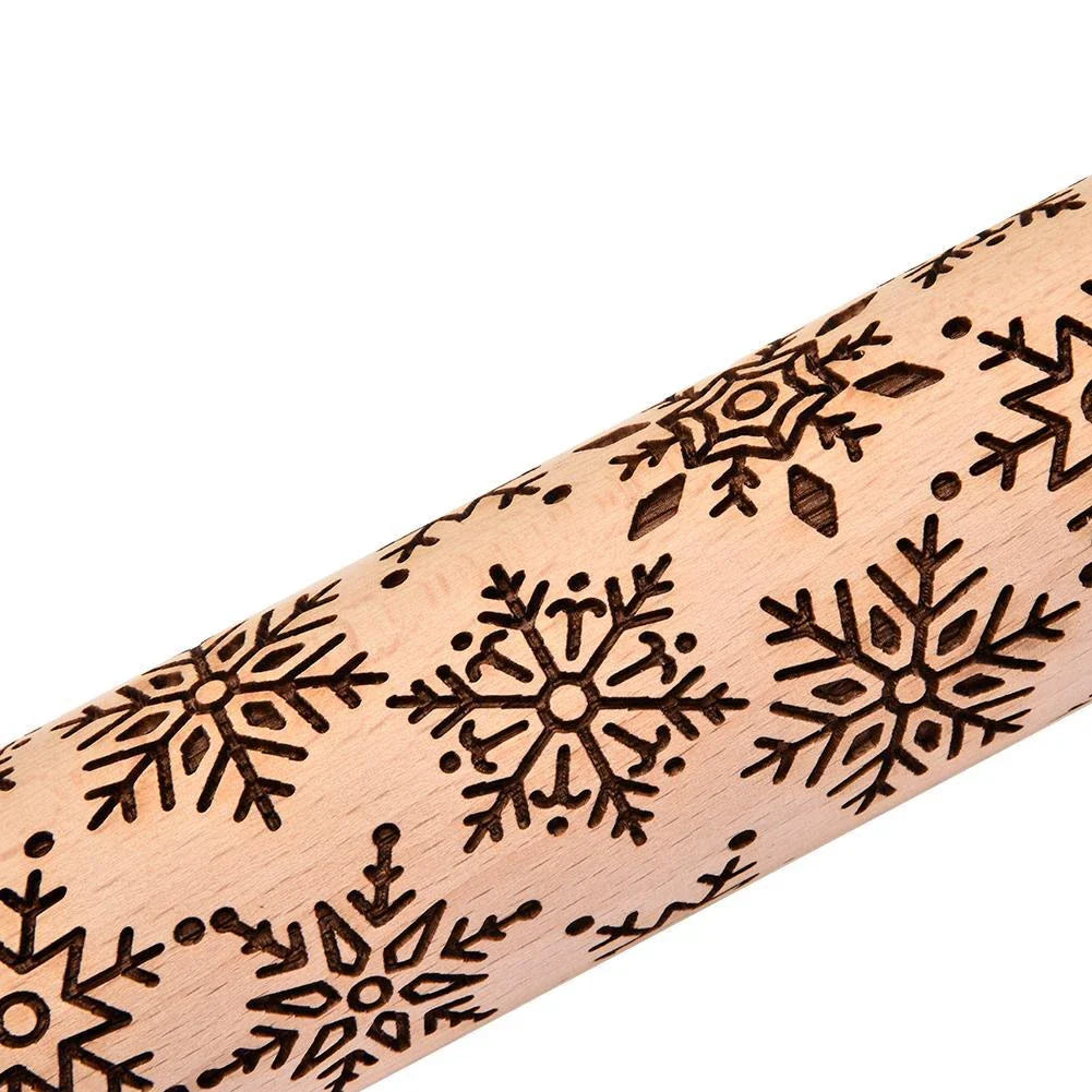 Christmas Snowflake Rolling Pin with detailed engraving on natural hardwood