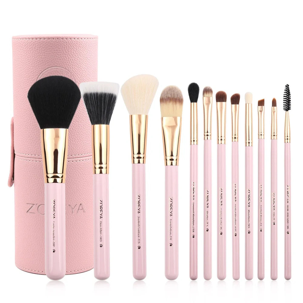 12 synthetic makeup brushes with aluminium handles and wooden accents in cosmetic case