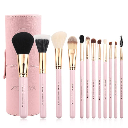 12 synthetic makeup brushes with aluminium handles and wooden accents in cosmetic case