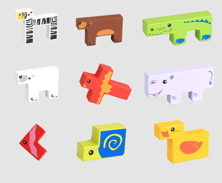 Beech wood 3D animal stack building blocks in colour box