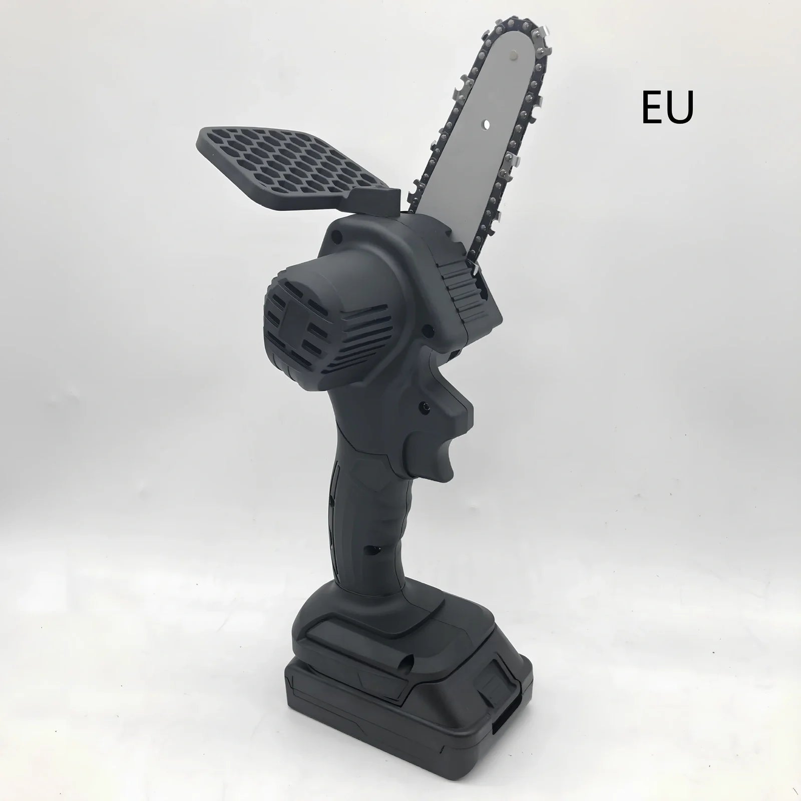 Black 4-inch rechargeable electric chainsaw with steel chain and bare metal body for garden pruning, 1000W power