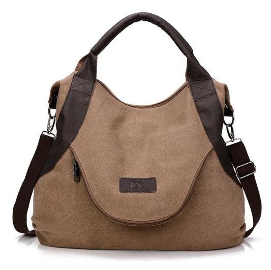 Minimalist retro women's shoulder bag in vintage canvas with multiple compartments