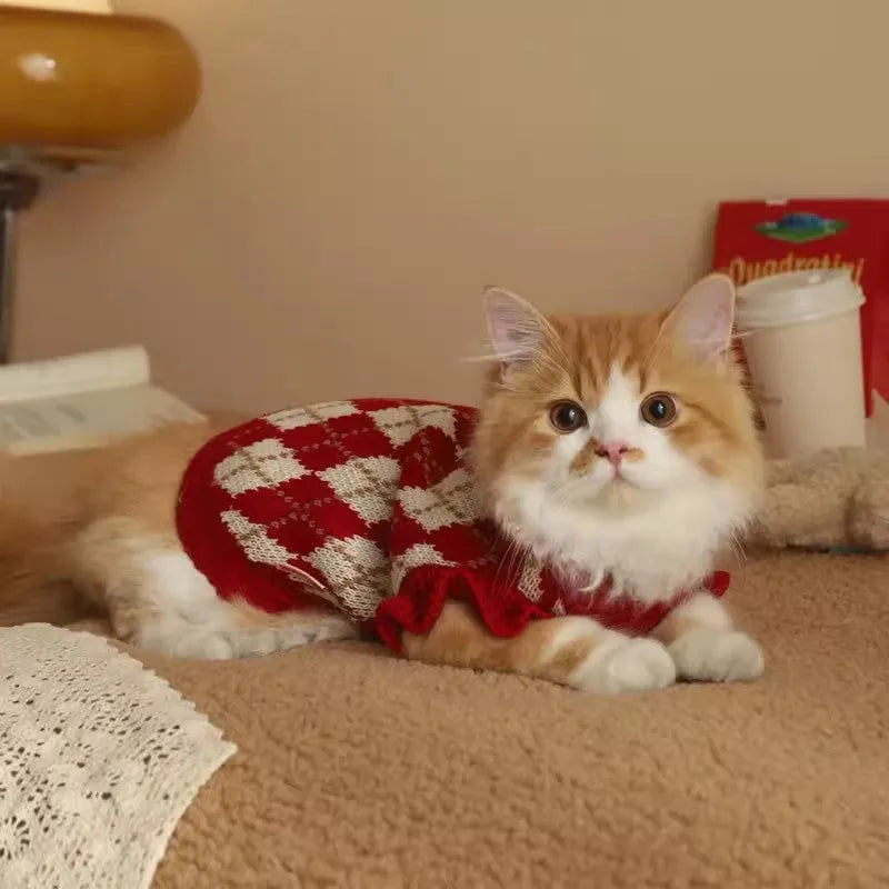 Red cat sweater with rhombic embroidery cherry design for autumn and winter wear
