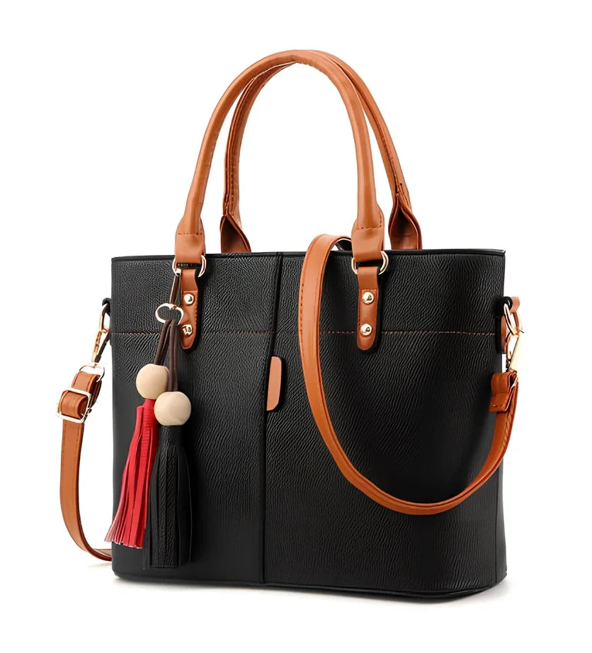 Women's black PU slung shoulder bag, 25cm height, adjustable strap for diagonal carry with phone and wallet inside