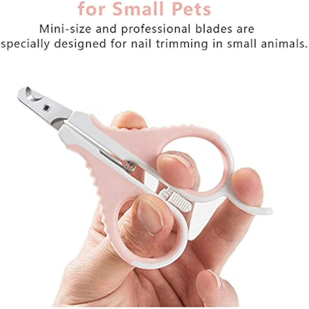 Grey and pink angled cat nail clippers with safety guard and non-slip rubber handles.