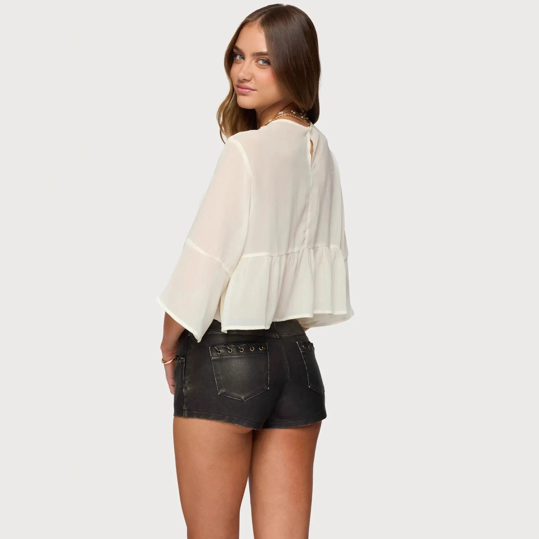 Women's milky white chiffon T-shirt with batwing sleeves, short 40cm length