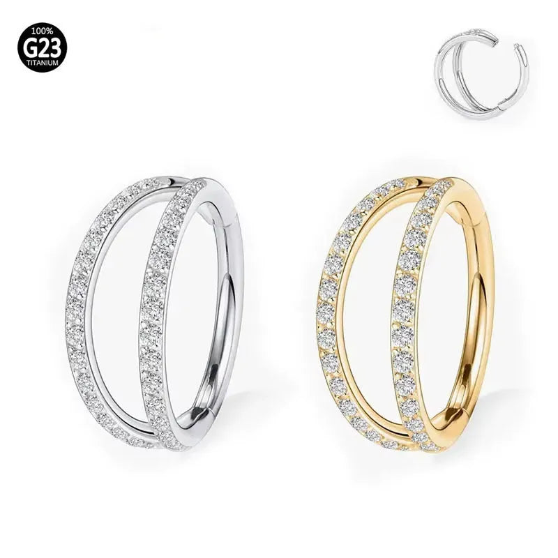 Titanium alloy nose ring with G23 purity and diamond-treated zircon surface in gold or steel colour