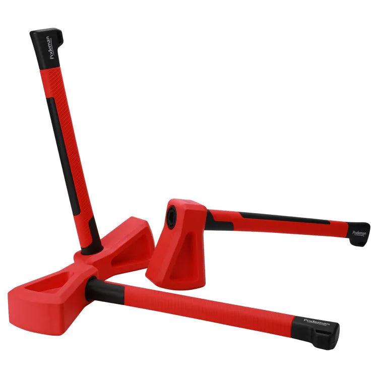Red plastic axe-shaped muscle trainer for home fitness and strength exercises.