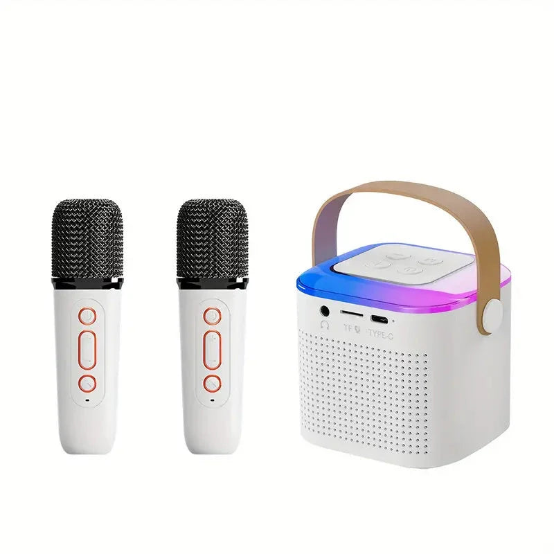 Portable karaoke machine with dual wireless microphones and RGB lighting