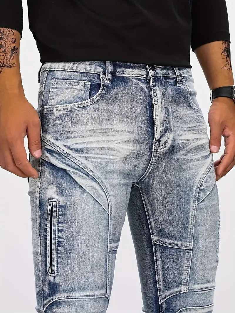 Retro casual stretch motorcycle jeans for men in light blue cotton denim, mid waist skinny fit with zip placket