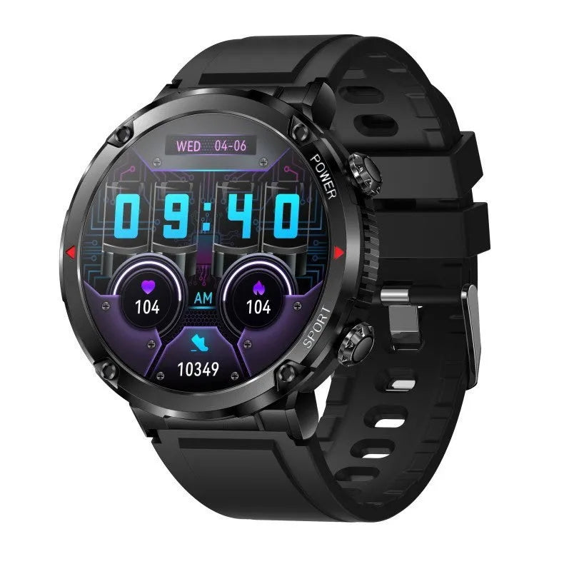 T30 smart watch with black silicone strap showing IPS screen displaying heart rate data.