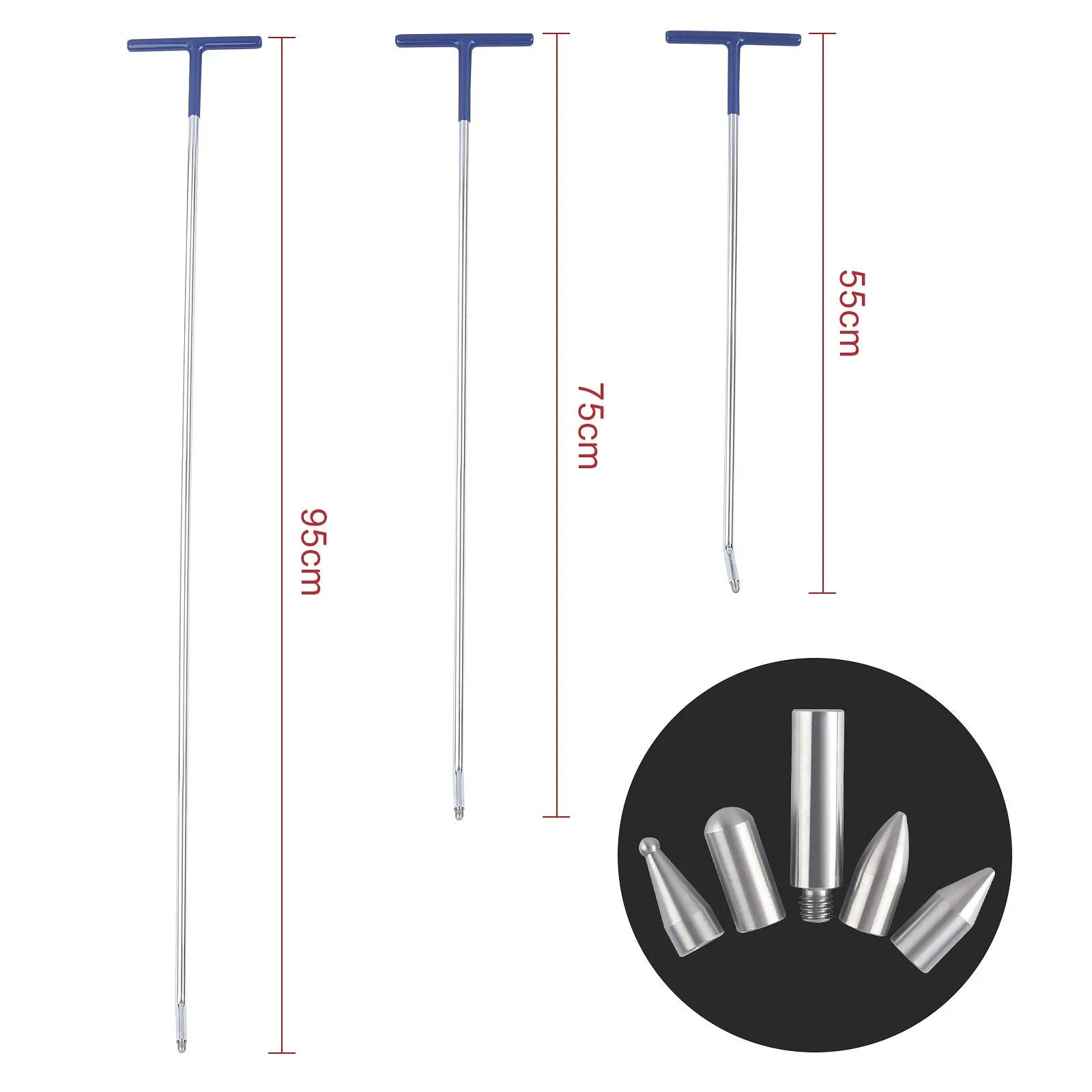Three-piece alloy steel car dent repair tool set with a hook crowbar on a workshop bench.