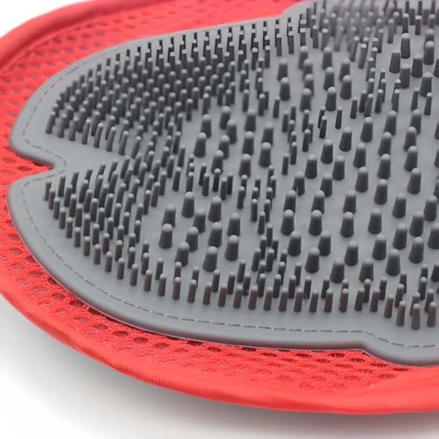 Red silicone pet bathing glove with integrated brush pattern for dog and cat grooming