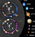 Two natural stone beaded bracelets on a surface, showing different zodiac sign styles on elastic cords.