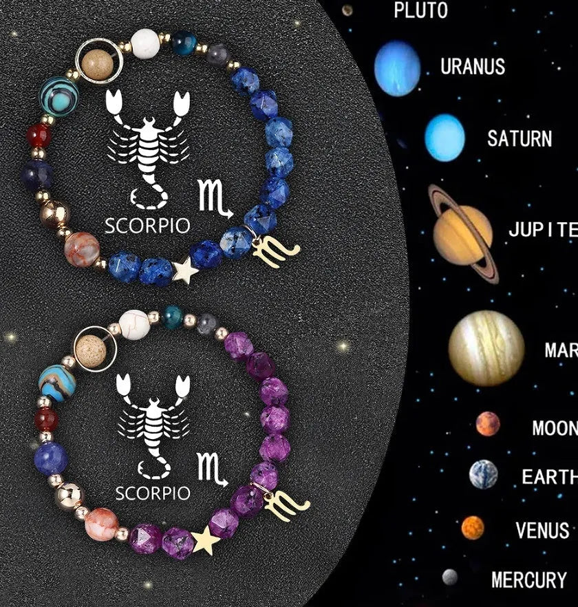 Two natural stone beaded bracelets on a surface, showing different zodiac sign styles on elastic cords.