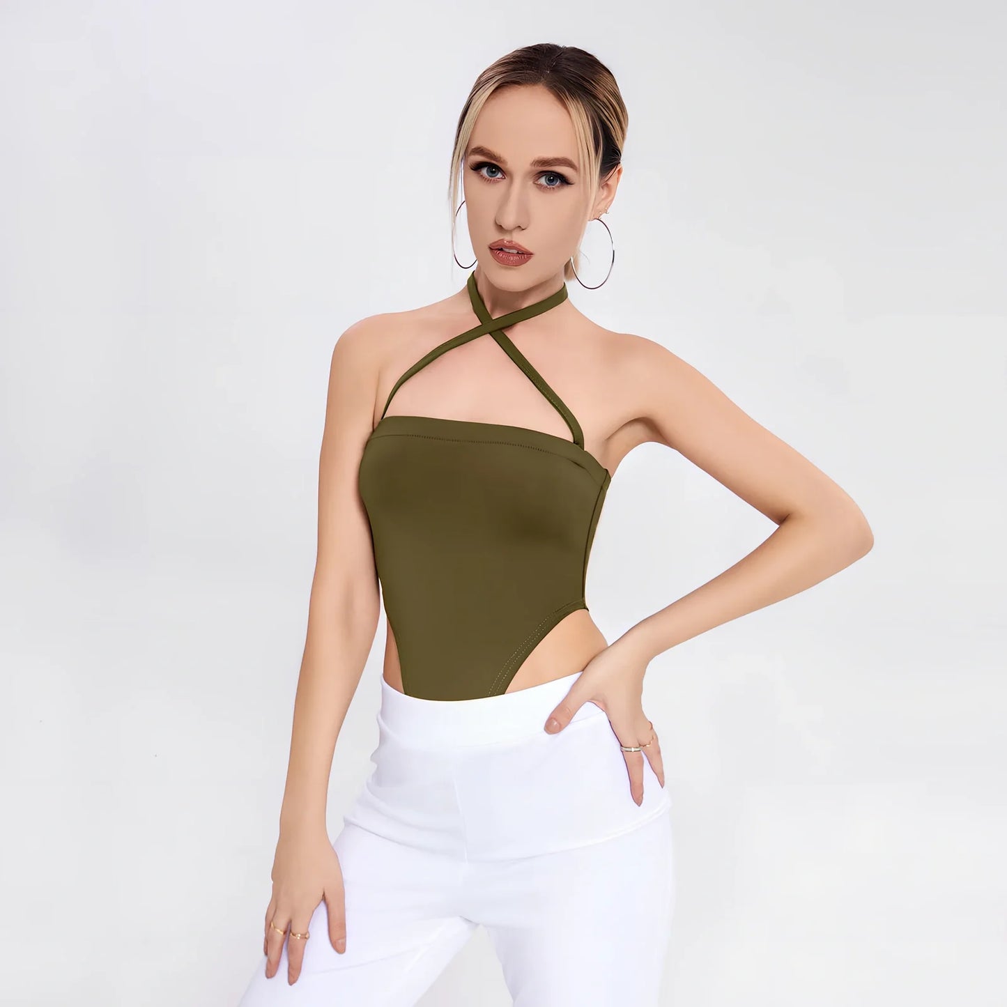 Dark green women's one-shoulder bodysuit with short 15cm sleeves, 90% polyester 10% spandex, sizes S M L