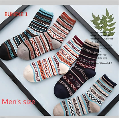 Pack of 5 thick stripe wool blend socks in various colours, featuring 15% rabbit hair for winter warmth, fitting sizes 39-42