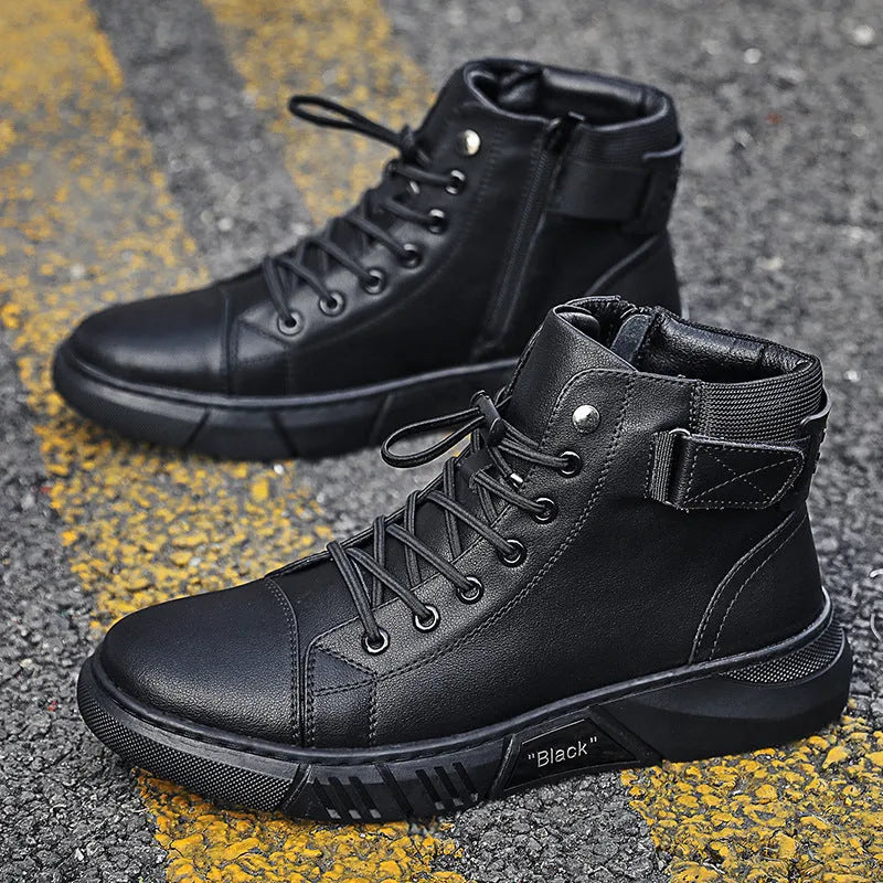 Black high-top men's leather boots with cotton lining and rubber sole on wooden floor