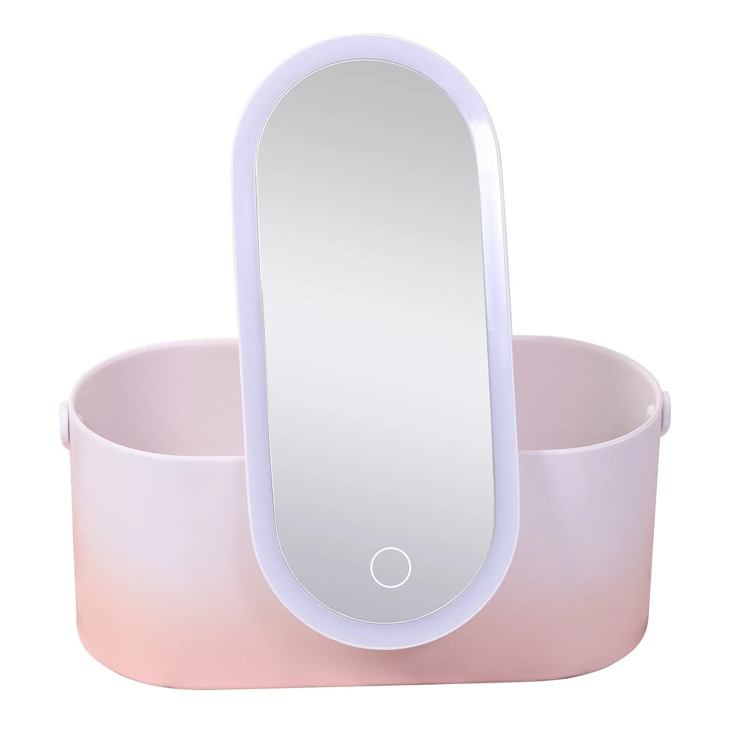 Pink gradient LED makeup mirror open showing storage compartment and USB charging port