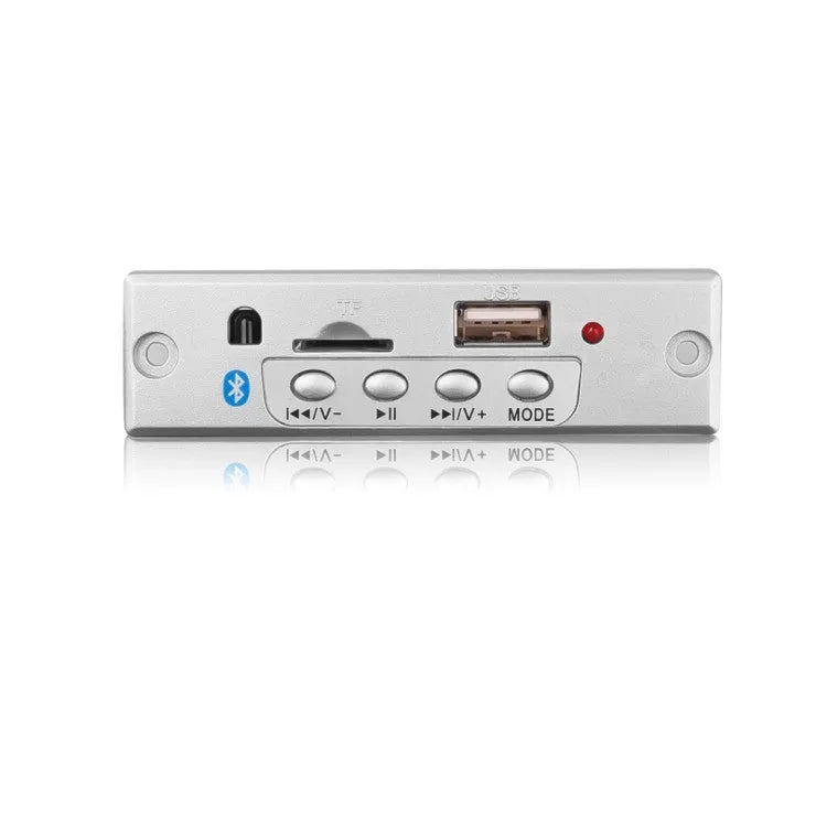 White 12V car Bluetooth MP3 decoder with USB and TF card slots, FM radio, and infrared remote control