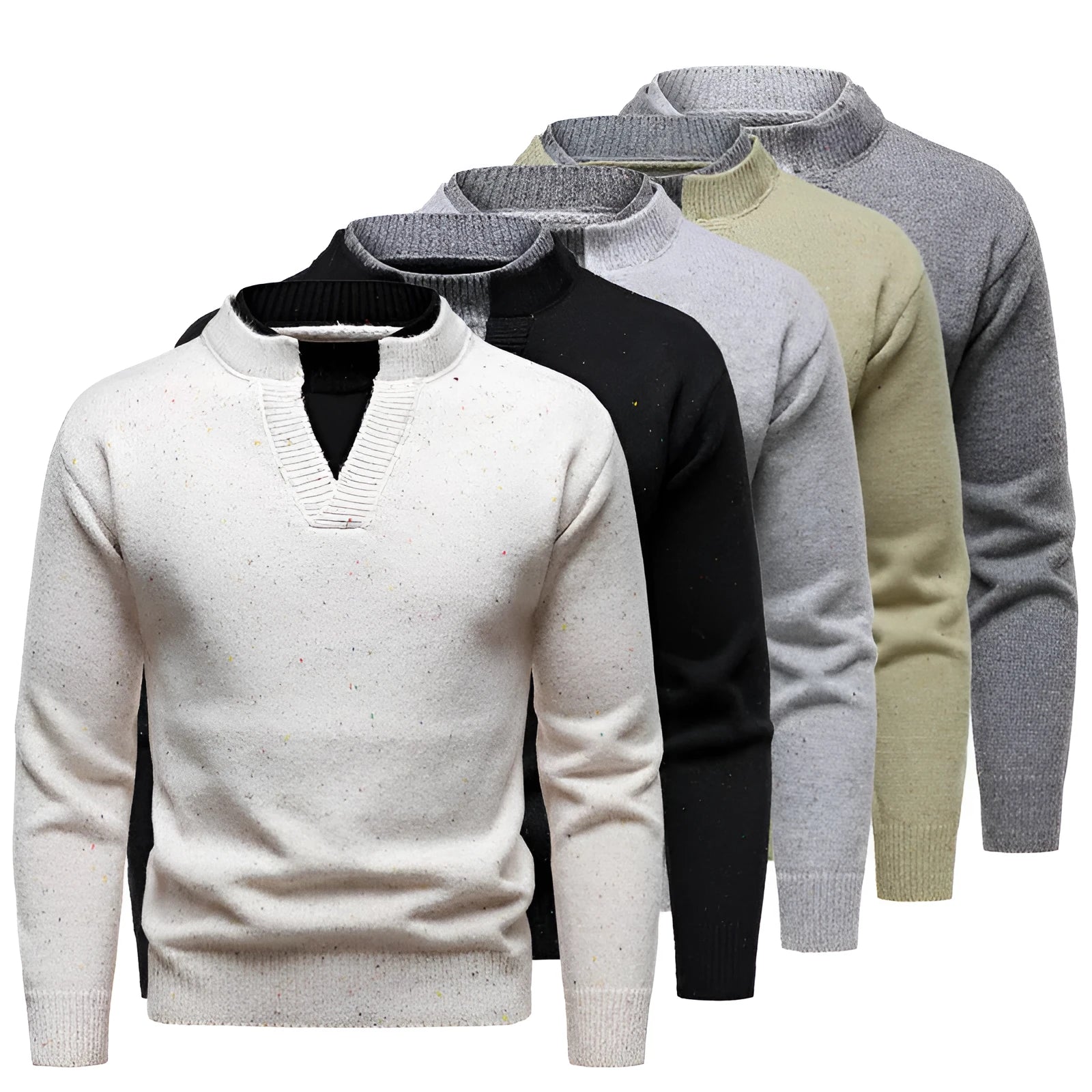 American retro fake two-piece V-neck dotted sweater in beige with batwing sleeve on a model