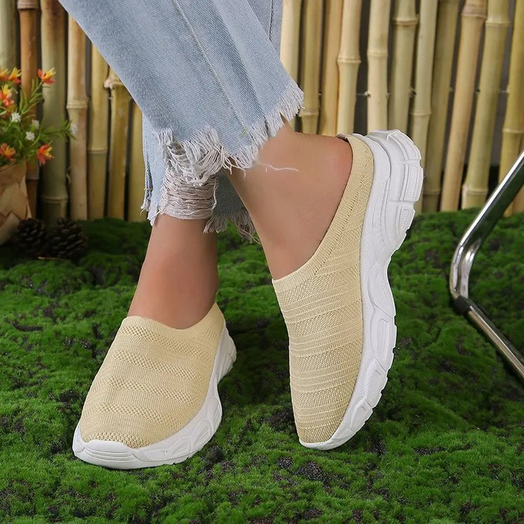 Women's casual mesh wedge heel slippers in gray, round toe, slip-on style with rubber sole