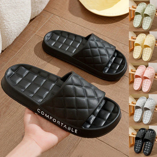 Stylish plaid-patterned house slippers in various colors for men and women, featuring soft EVA soles and a water-resistant design for indoor and light outdoor use.