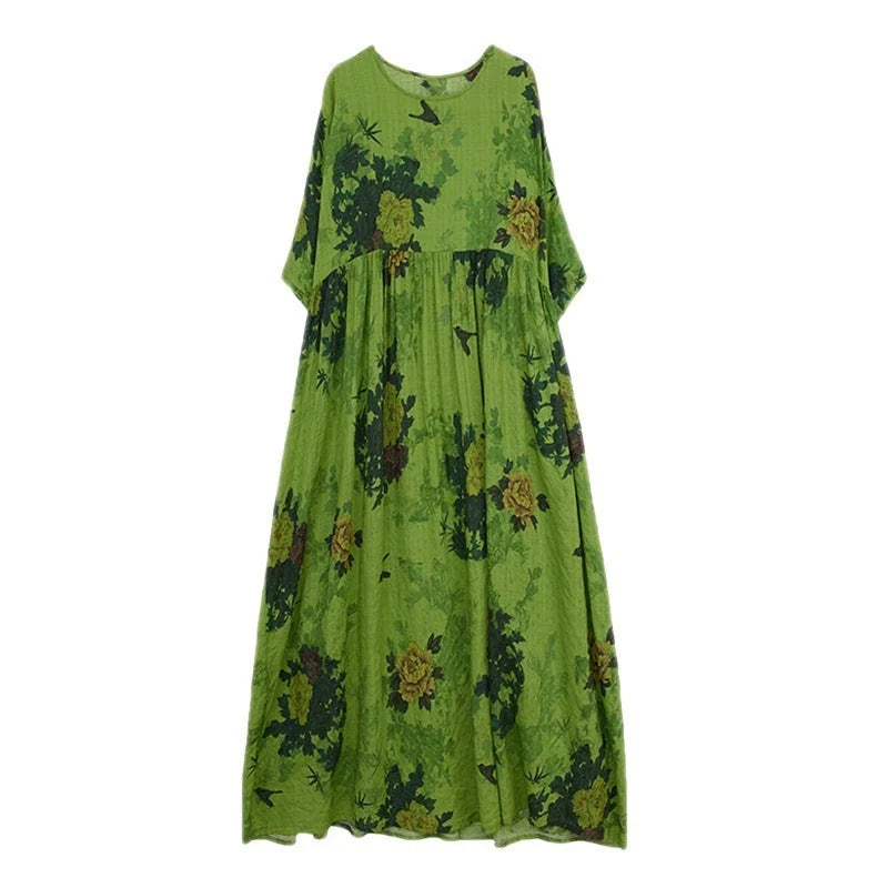 New Renaissance cotton blend round neck dress with large swing skirt in green