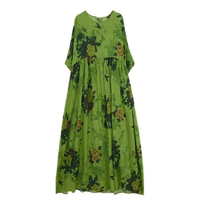 New Renaissance cotton blend round neck dress with large swing skirt in green