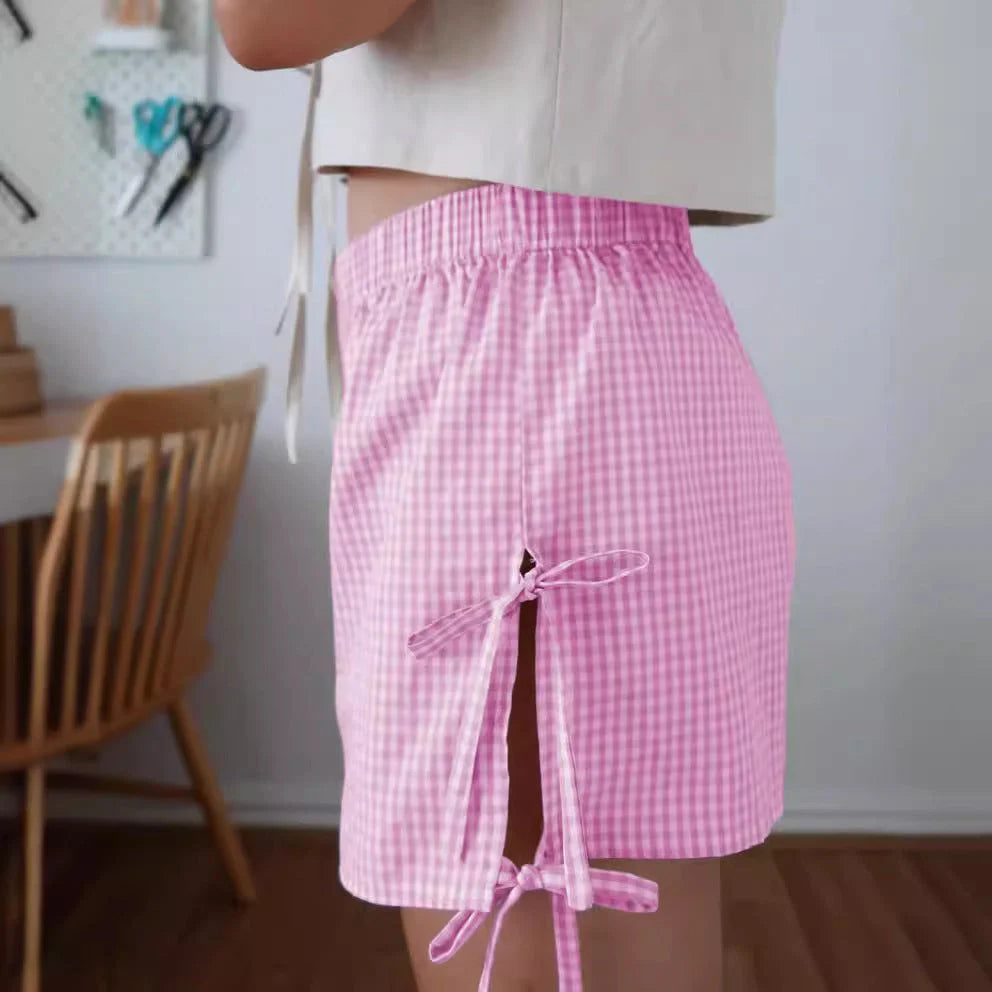 Women's loose plaid print shorts with lace-up design in various colours