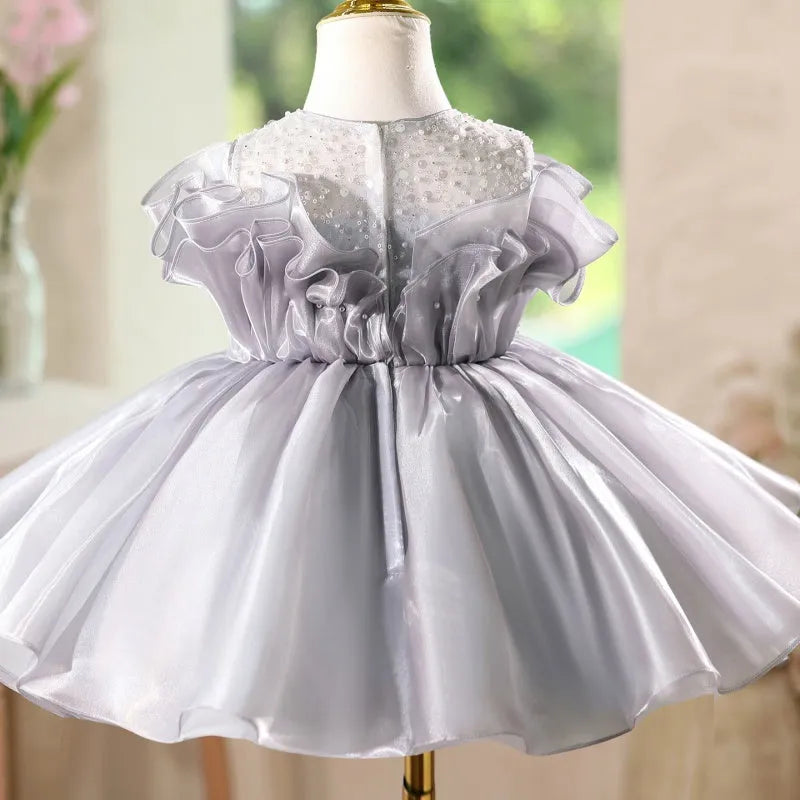 Girls' polyester princess dress in smoky gray, sleeveless round neck slim fit for birthday banquet