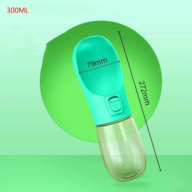 Portable Dog Water Bottle Feeder for outdoor adventures, available in blue, pink, green, and grey.