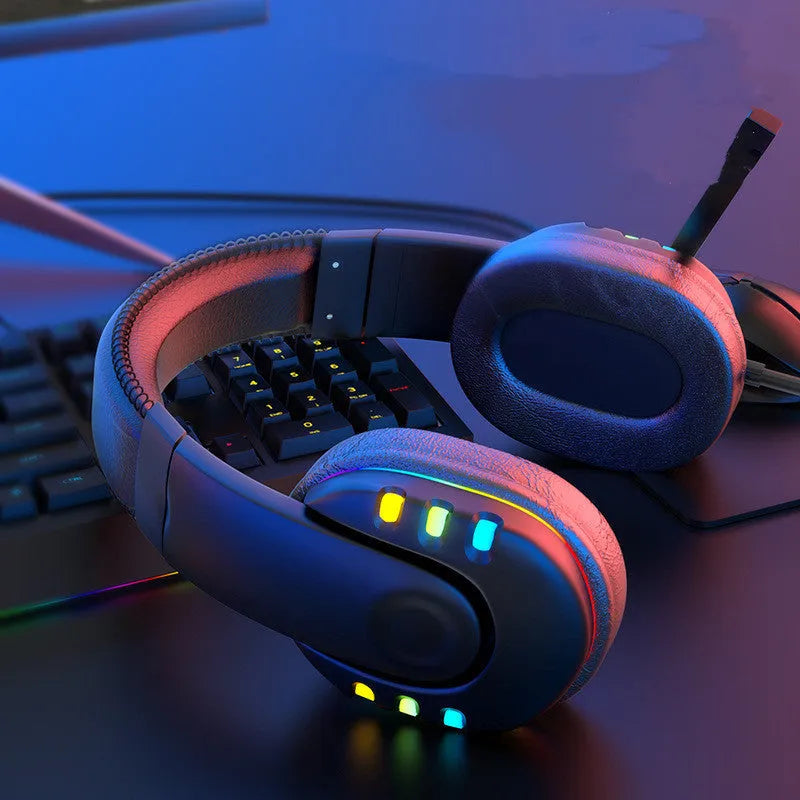 Black gaming headset with colourful LED lighting, omnidirectional microphone, and nylon-braided cable