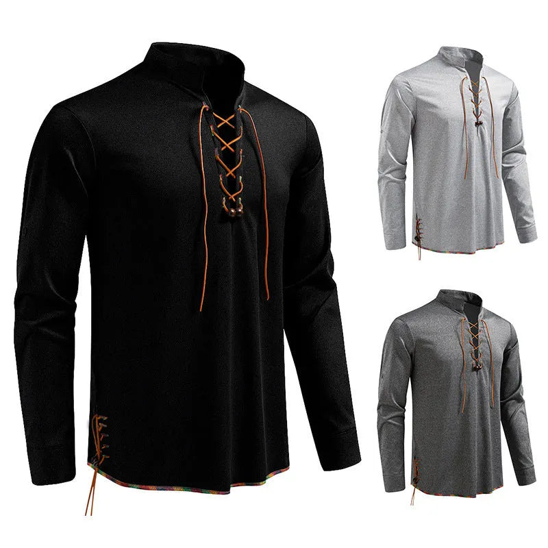 Men's drawstring stand-up collar long sleeve T-shirt in black, slim fit pullover style